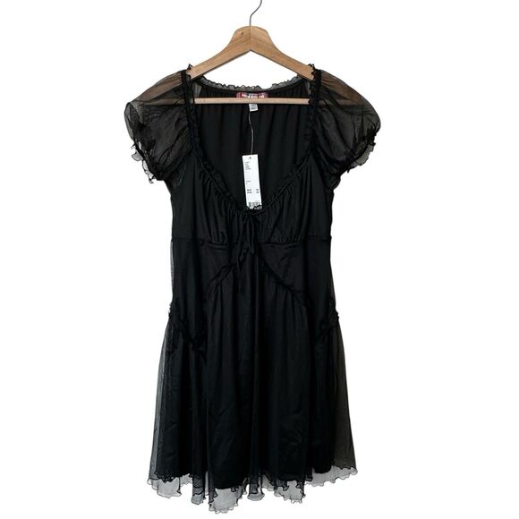 Urban Outfitters Black Babydoll Dress Chiffon Puff Sleeve Witch Goth Twilight L - Picture 2 of 13